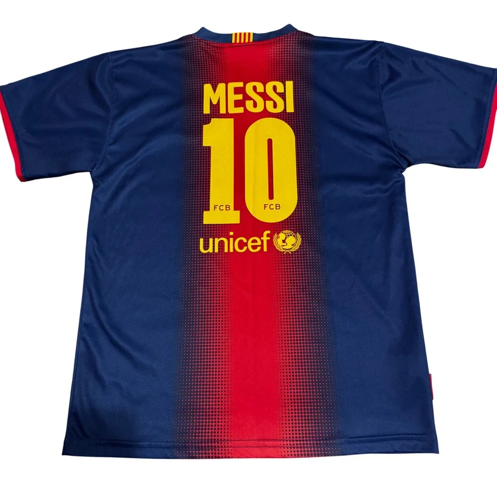 Kids FC Barcelona Messi 10 Soccer Jersey Blue Red Qatar Foundation Size L